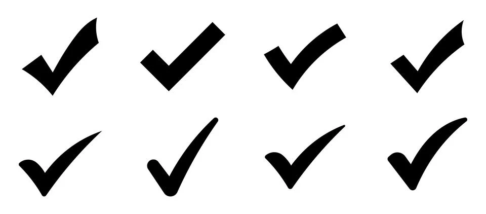 Eight black check marks on a white background tick symbol sign Stock Illustration