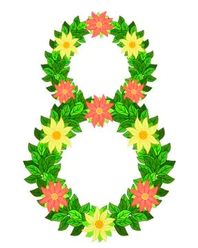 Eight of bright spring leaves and flowers. Eight for cards on March 8 Stock Illustration