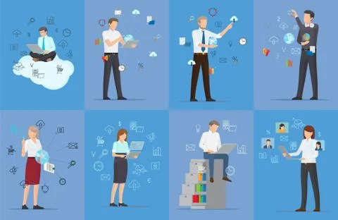 Eight Cards with Tech Icons Vector Illustration Illustrazione stock