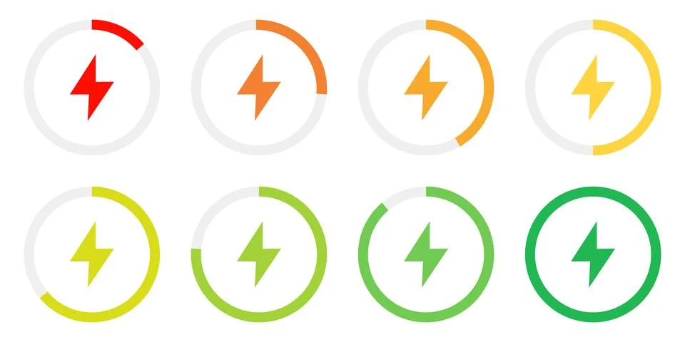 Eight circular progress indicators with lightning bolt in red orange yellow 스톡 일러스트