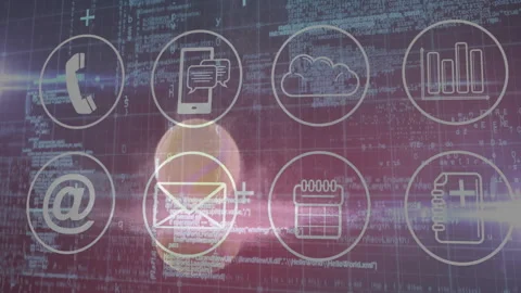 Eight circular tech icons being arranged in grid over purple code background Stock Footage 307457272