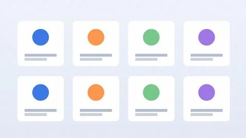 Eight color-coded circular icons with placeholder text on light gray cards Stock Illustration