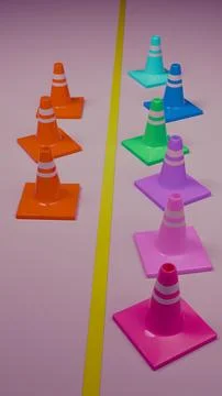 Eight colored traffic cones divided by yellow line on purple gradient backg.. Stock Photos