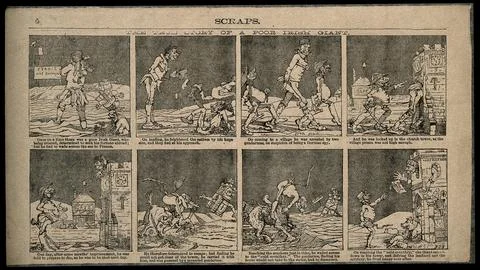 Eight comic scenes from the life of the poor Irish giant. Reproduction of a.. Stock Illustration
