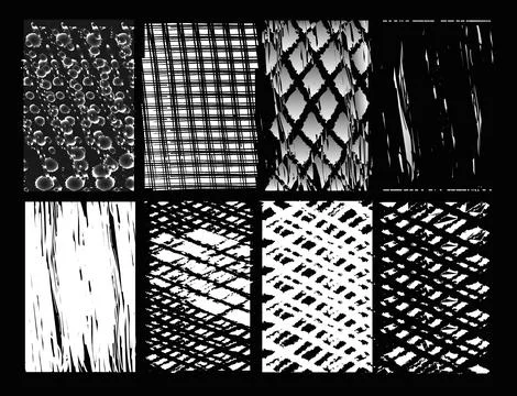 Eight contrasting monochromatic patterns revealing a spectrum of visual textu Stock Illustration