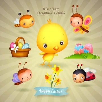 Eight Cute Easter Character Illustrations Illustrazione stock