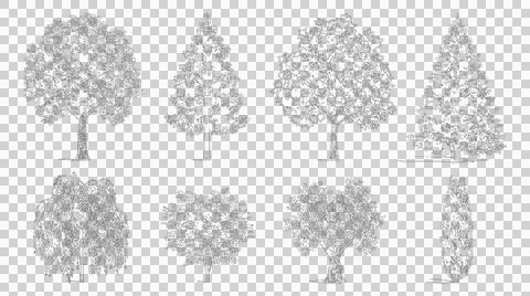 Eight detailed tree illustrations for architecture isolated transparent Stock Illustration