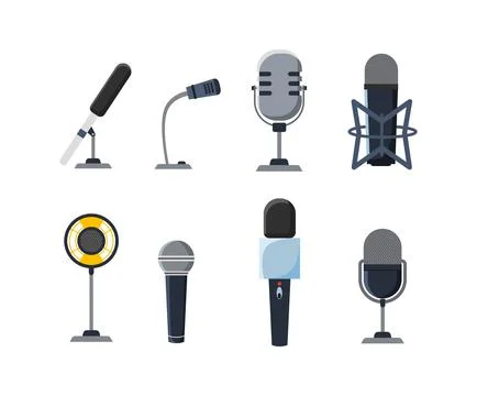 Eight different microphones recording, broadcasting, and interviewing equipment Ilustração Stock
