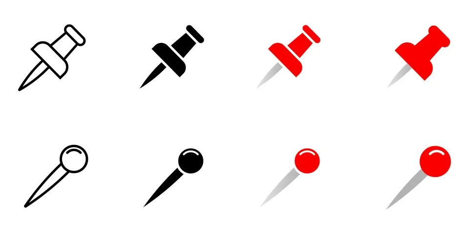 Eight different styles of push pins in black and red thumbtack tack stationer Stock Illustration