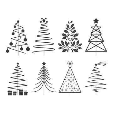 Eight Different Stylized Christmas Trees in Black and White Stock Illustration