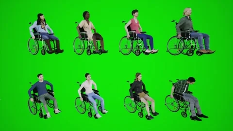 Eight dimensional 3D animation of a happy man in a wheelchair moving in a Video stock 251422381