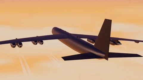 Eight-engine strategic bomber cruising above a glowing sunset cloud layer Vídeos de archivo 340875554