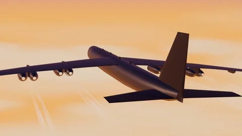 Eight-engine strategic bomber cruising above a glowing sunset cloud layer Video stock 340875557