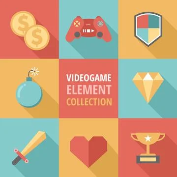 Eight flat elements for video games Stock Illustration