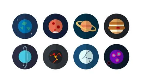 Eight Flat Planet and Space Round Icons on Dark Circles Vector Stock Illustration