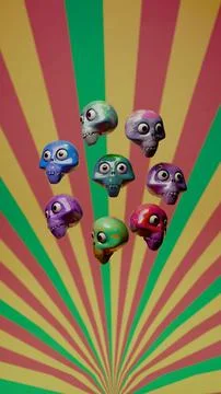 Eight floating patterned skull heads in sunburst array.... Fotos de archivo