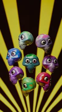 Eight floating patterned skulls on radiating rays.... 스톡 일러스트