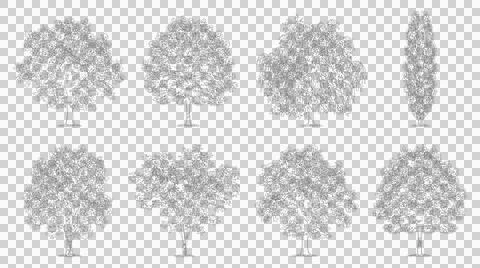 Eight hand drawn tree illustrations isolated on transparent background Stock Illustration