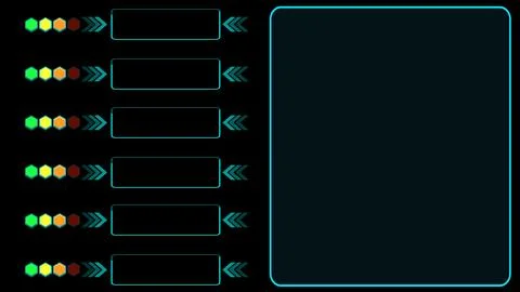 Eight horizontal menu options on the left, each with colorful icons and arr.. Foto stock