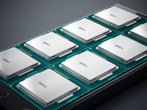 Eight microprocessor cores on smartphone. 3D illustration Eight microproce... Stockfoto's