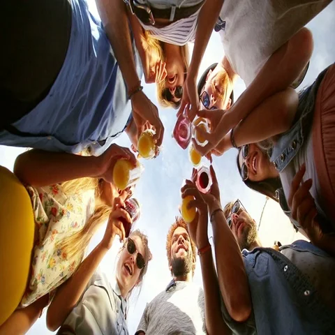 Eight multi-ethnic friends looking down at camera and toasting Stock Footage 69301593
