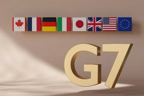 Eight national flags representing G7 member countries are arranged above a la Stock Illustration