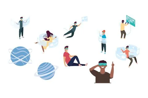 Eight persons using virtual reality technology Illustrazione stock