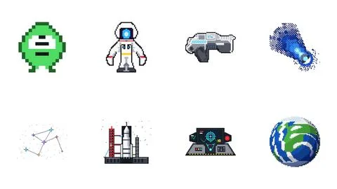 Eight Pixel Space and Science Fiction Symbols Vector Stock Illustration