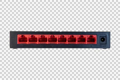 Eight port Ethernet network switch rear panel with power input Stock Photos