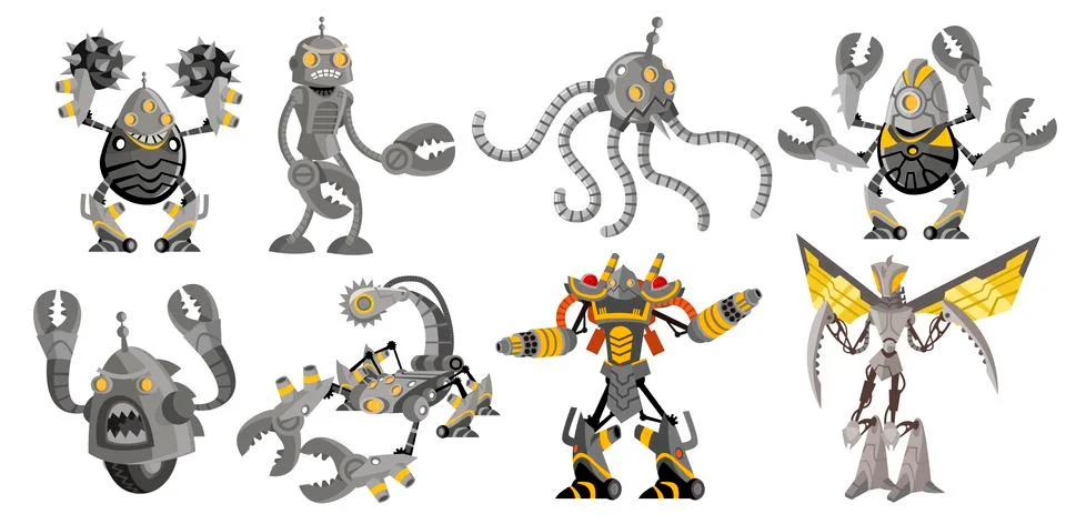 Eight powerful battle robots drones Stock Illustration