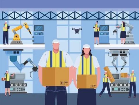 Eight production workers scene Stock Illustration