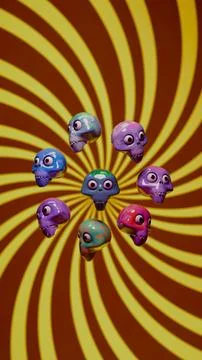 Eight psychedelic skulls in a brown-yellow spiral.... Stock Illustration