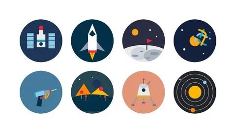 Eight Rocket Observatory and Space Exploration Circular Icons Vector Stock Illustration