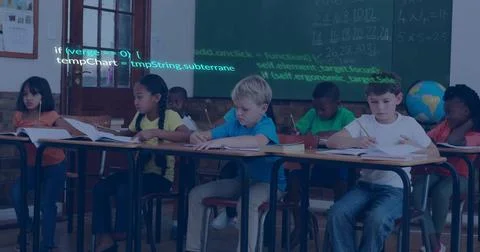 Eight school children solving math in classroom, with chalkboard equations, code Stock Photos