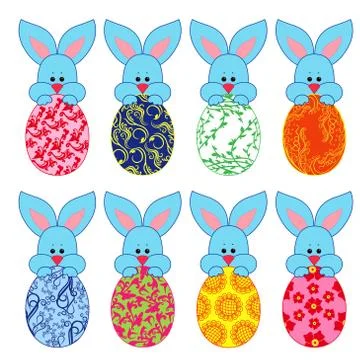 Eight small Bunnies with Easter eggs Stock Illustration
