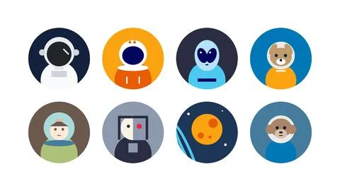 Eight Space Explorer Robot and Bear Circular Avatars Vector Stock Illustration