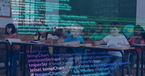 Eight students opening notebooks and flipping pages with scrolling code overlay Stock Footage 311031898