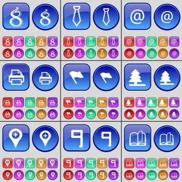 Eight, Tie, Mail, Printer, Flag tower, Tree, Checkpoint, Nine, Book. A large set Stock Illustration