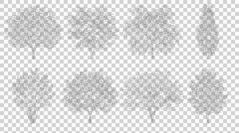 Eight trees in plan view isolated on transparent background for architects Stock Illustration
