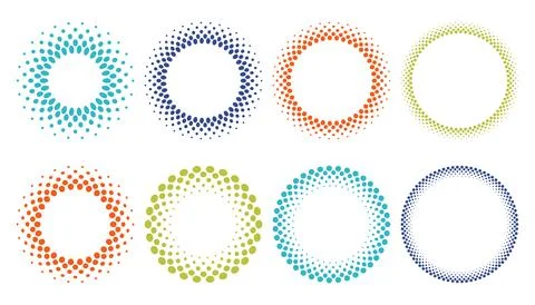 Eight vibrant circular halftone dot frames in various colors, creating abst.. イラスト素材