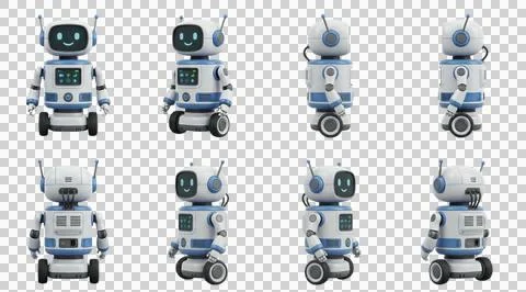 Eight views of a white and blue friendly robot isolated on a neutral backgr.. Stock Illustration