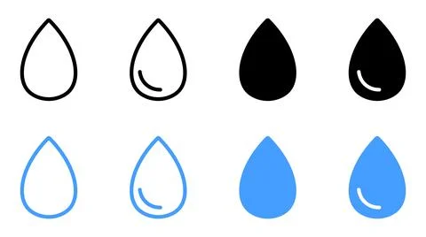 Eight water drop solid outline and filled black and blue water drop water d.. Illustrazione stock
