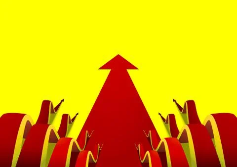 Eight wavy red arrows creeping forward on flat arrow yellow background Stock Illustration