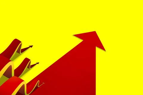 Eight wavy red arrows creeping forward on flat arrow yellow background Stock Illustration
