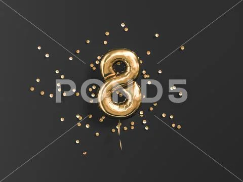 Eight year birthday. Number 8 flying foil balloon and gold confetti on black. Stock Illustration