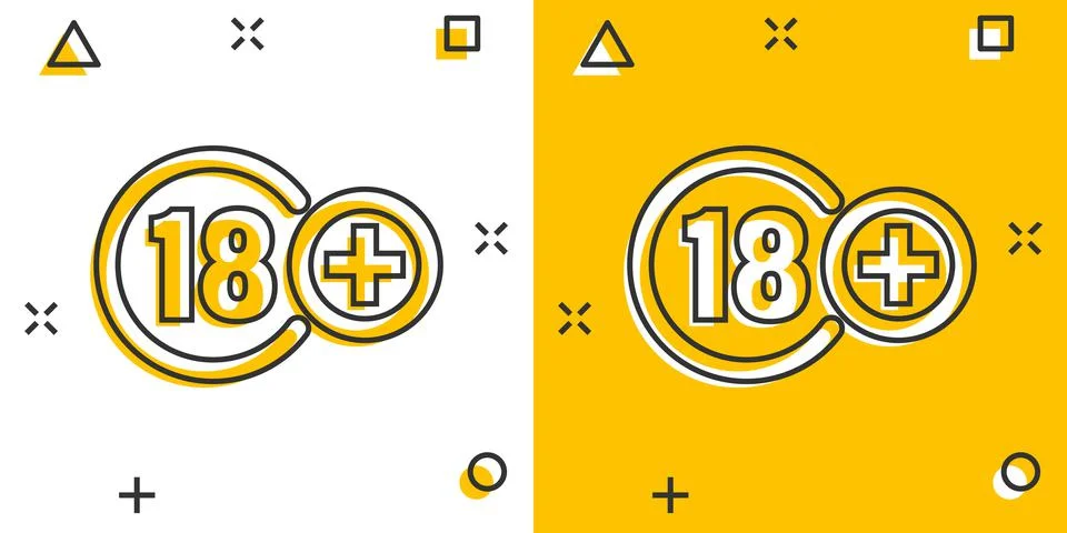 Eighteen plus icon in comic style. 18+ cartoon vector illustration on white i イラスト素材