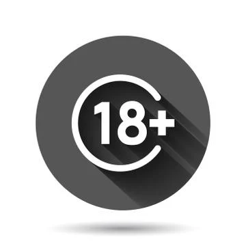 Eighteen plus icon in flat style. 18+ vector illustration on black round back Illustrazione stock