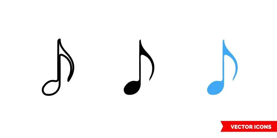 Eighth note icon of 3 types color, black and white, outline. Isolated vector  Illustrazione stock