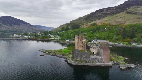Eilean Donan Castle and Loch Duich from a drone, Isle of Skye, Scotland Stock Footage 308674518