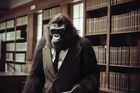 Ein Affe im Anzug steht in einer alten Bibliothek, die mit generativer KI-... Stock Photos